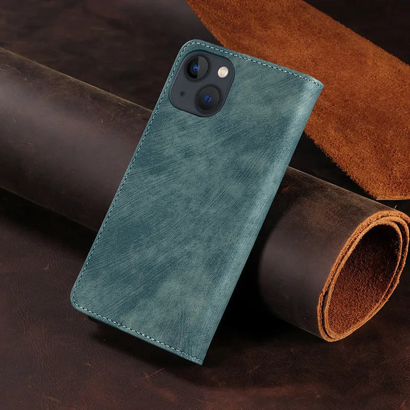 Genuine leather magnetic flip phone case in multiple colours for iPhone models.
