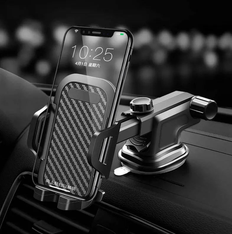 Black car phone holder made of ABS and EVA material designed for smartphones from 4.0 to 7.0 inches.