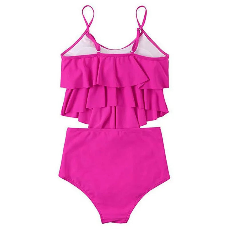 Ruffled bikini swimsuit in polyester with lining, available in black, green, and rose red, sizes S to XL