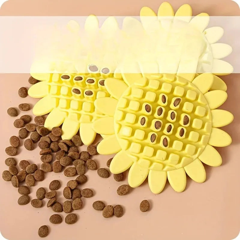 Yellow rubber sunflower dog toy for puppies and dogs, a chewy pet accessory for teething and play.