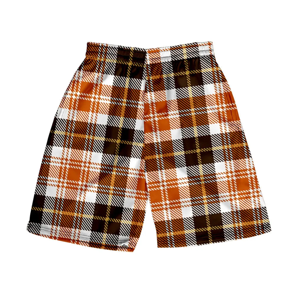 Men's straight-leg plaid shorts with elastic waistband in various colour options