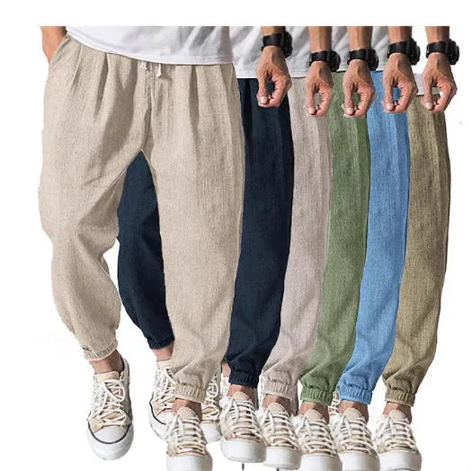 Men's loose cotton casual trousers with elasticated ankle bands in light green
