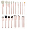 26-piece pink makeup brush set with wooden handles and a grey PU storage case, arranged open.