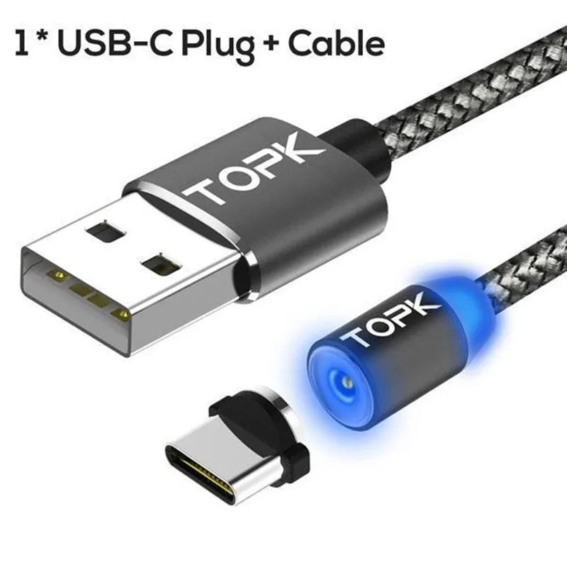 Magnetic charging cable with aluminium alloy housing and three magnetic plug heads for Android Apple and Type-C devices