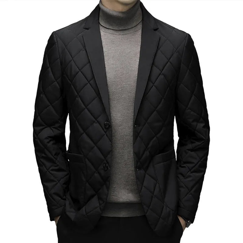 Men's black lapel collar down jacket in cardigan style with side seam pockets