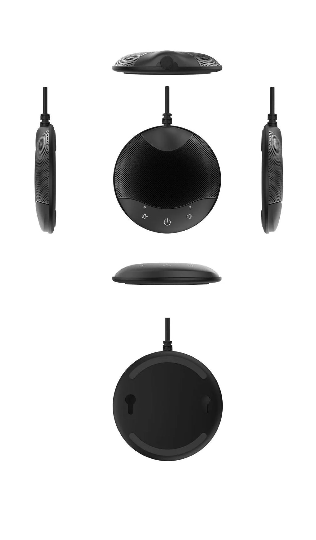 Black USB condenser desktop microphone for conferences and gaming with 9x9x1.7cm dimensions
