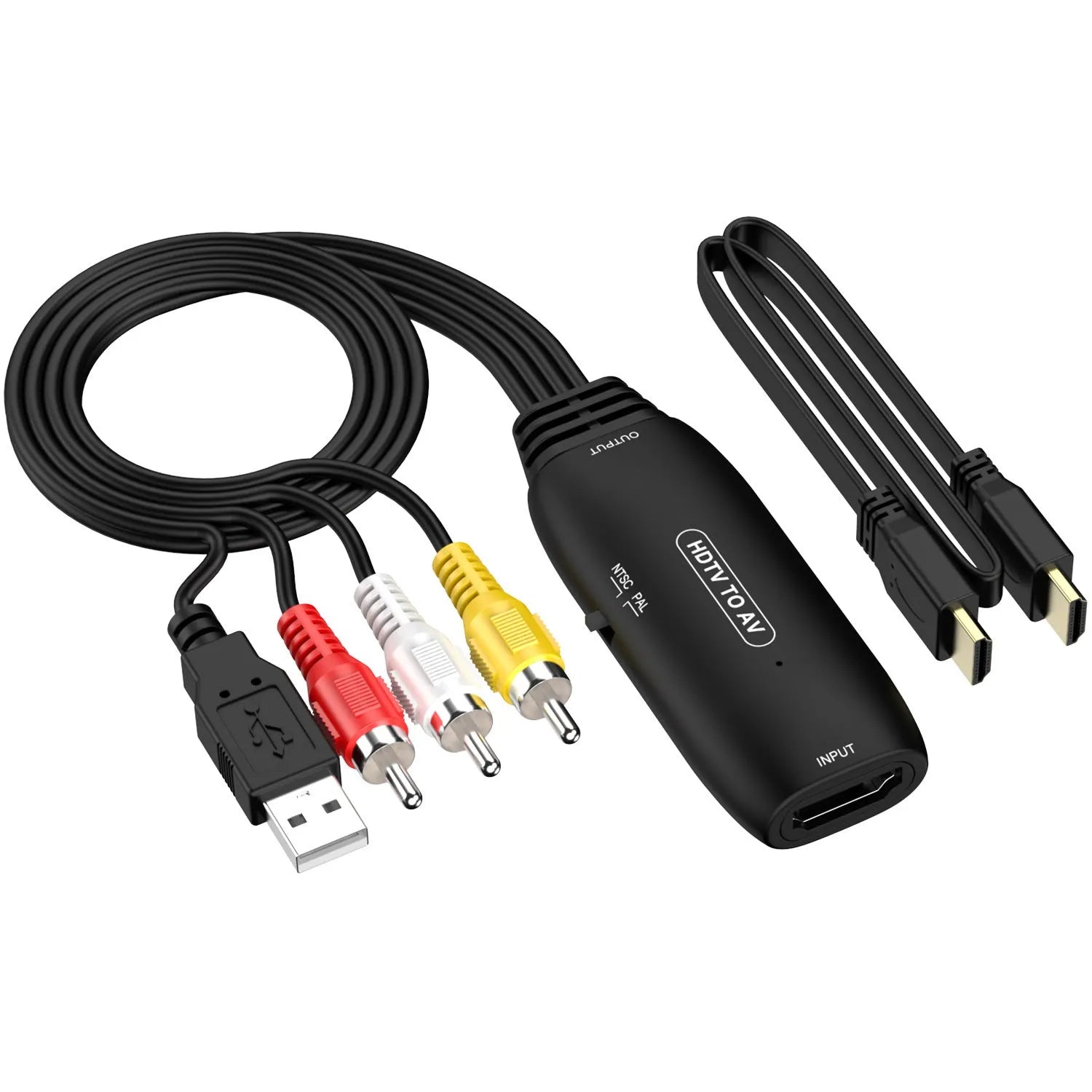 HDMI to AV converter adapter cable with 110cm length showing HDMI connector and AV output terminals