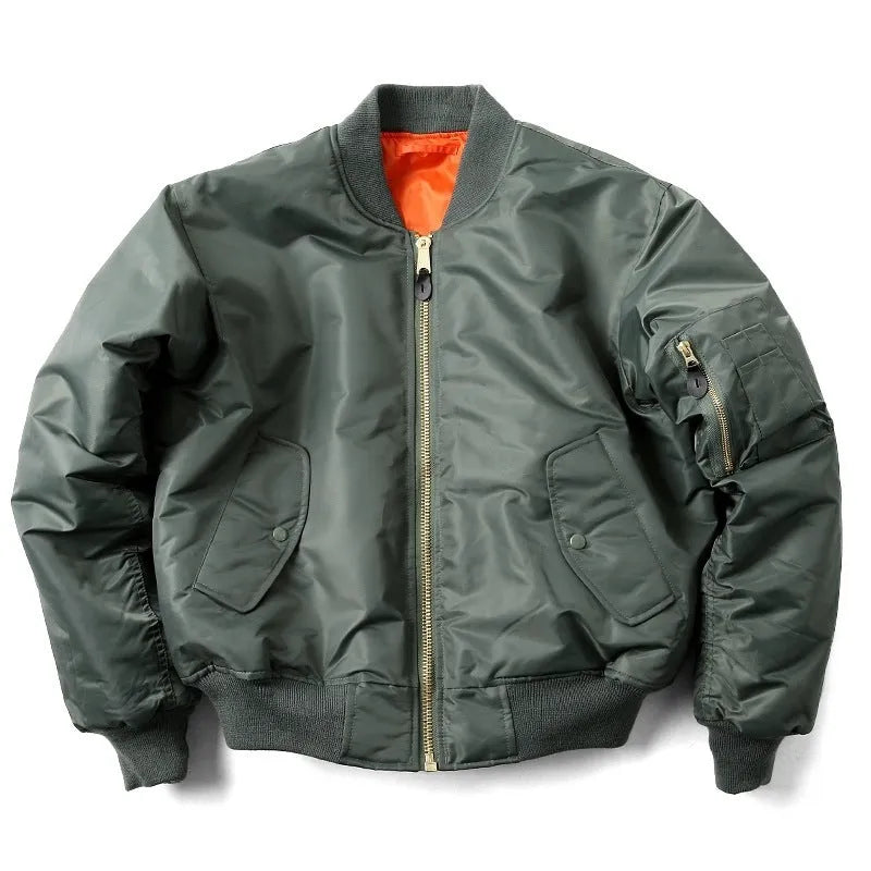 Men's army green American workwear style cotton-padded nylon jacket with a loose fit on a hanger.