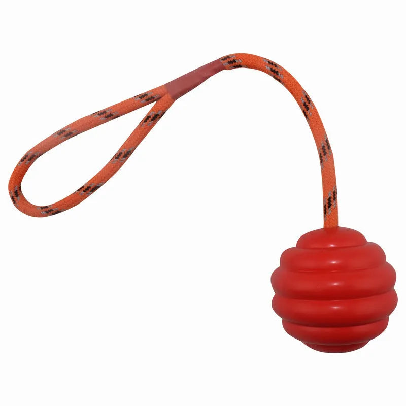 Multi-colour rubber pet training ball with rope knot handle, 6x30cm bite-resistant chew toy