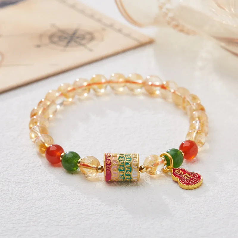 Hand-woven citrine five sutra bracelet with geometric five-warp pattern and 6mm crystal beads