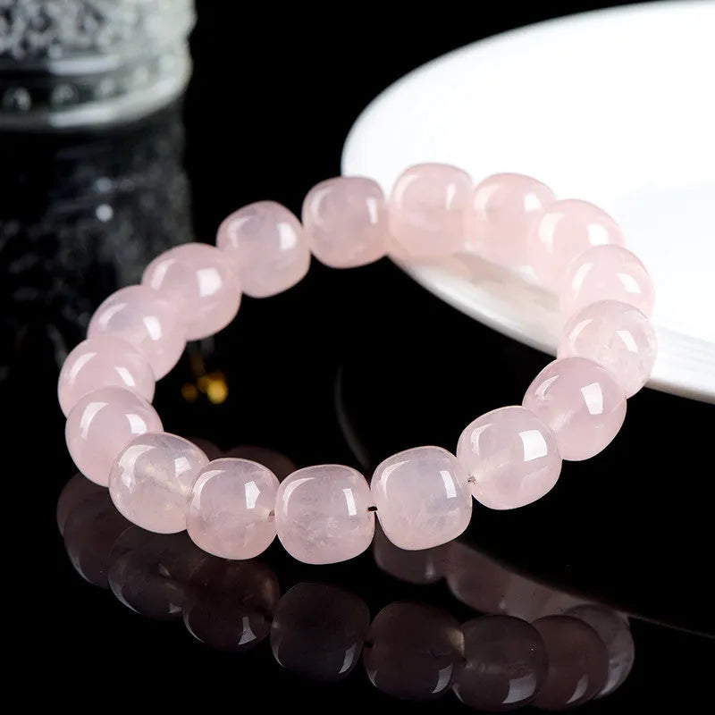 Natural bamboo crystal barrel bead bracelet with 11-12mm pink geometric stone beads and original design