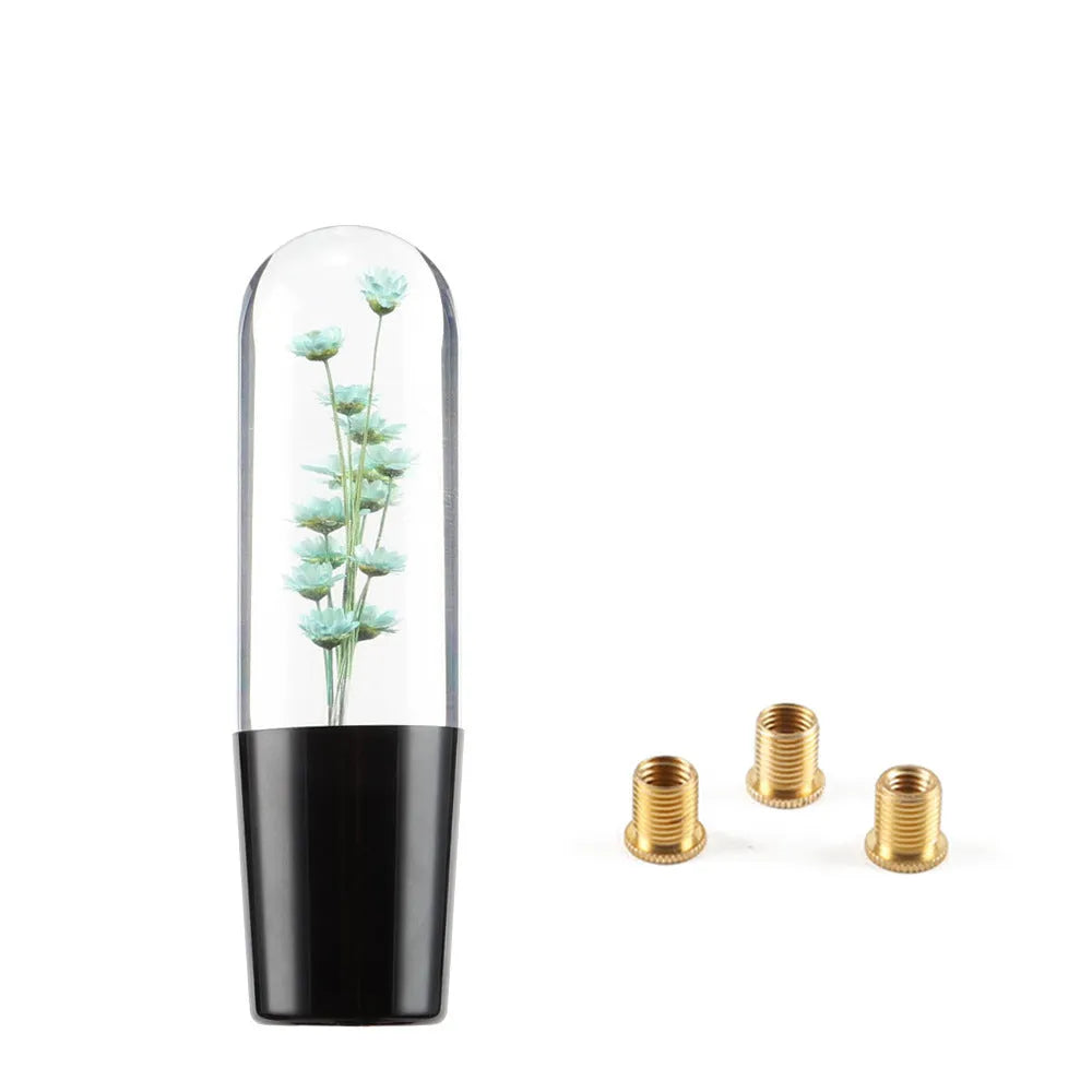 Transparent crystal car gear head with flower design, 15cm long, with three adapters