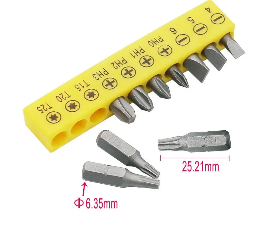 L-shaped double-headed socket wrench with 10 screwdriver bits and 10 bit sockets arranged around tool