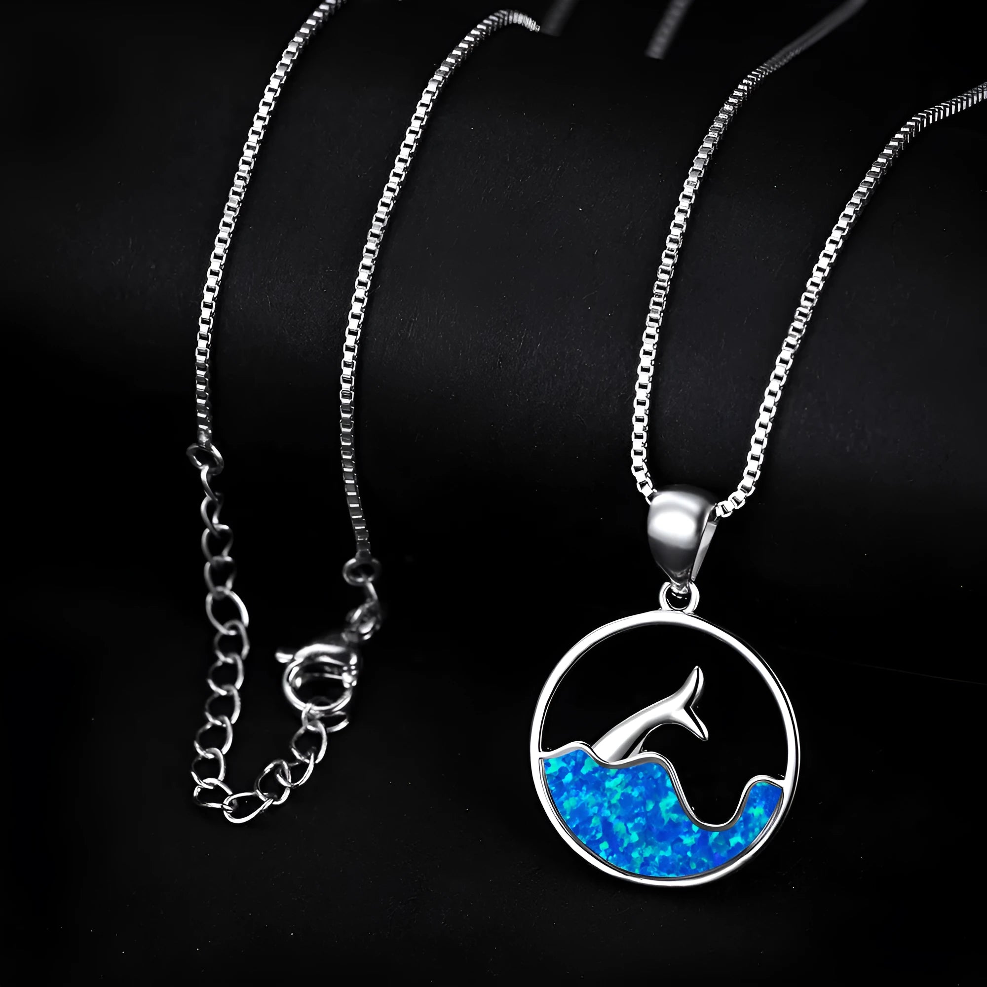 White gold round blue opal sea fishtail necklace with electroplated copper finish and simple geometric design