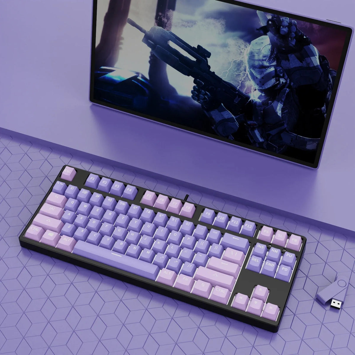 87 key wired mechanical keyboard with hot-swappable switches showing dual-colour keycap theme on metal body