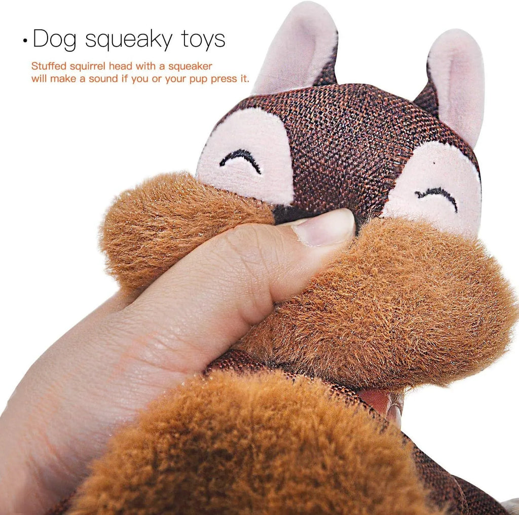 Brown plush fox dog toy with cotton rope limbs, embroidered eyes, and a squeaker in the head.