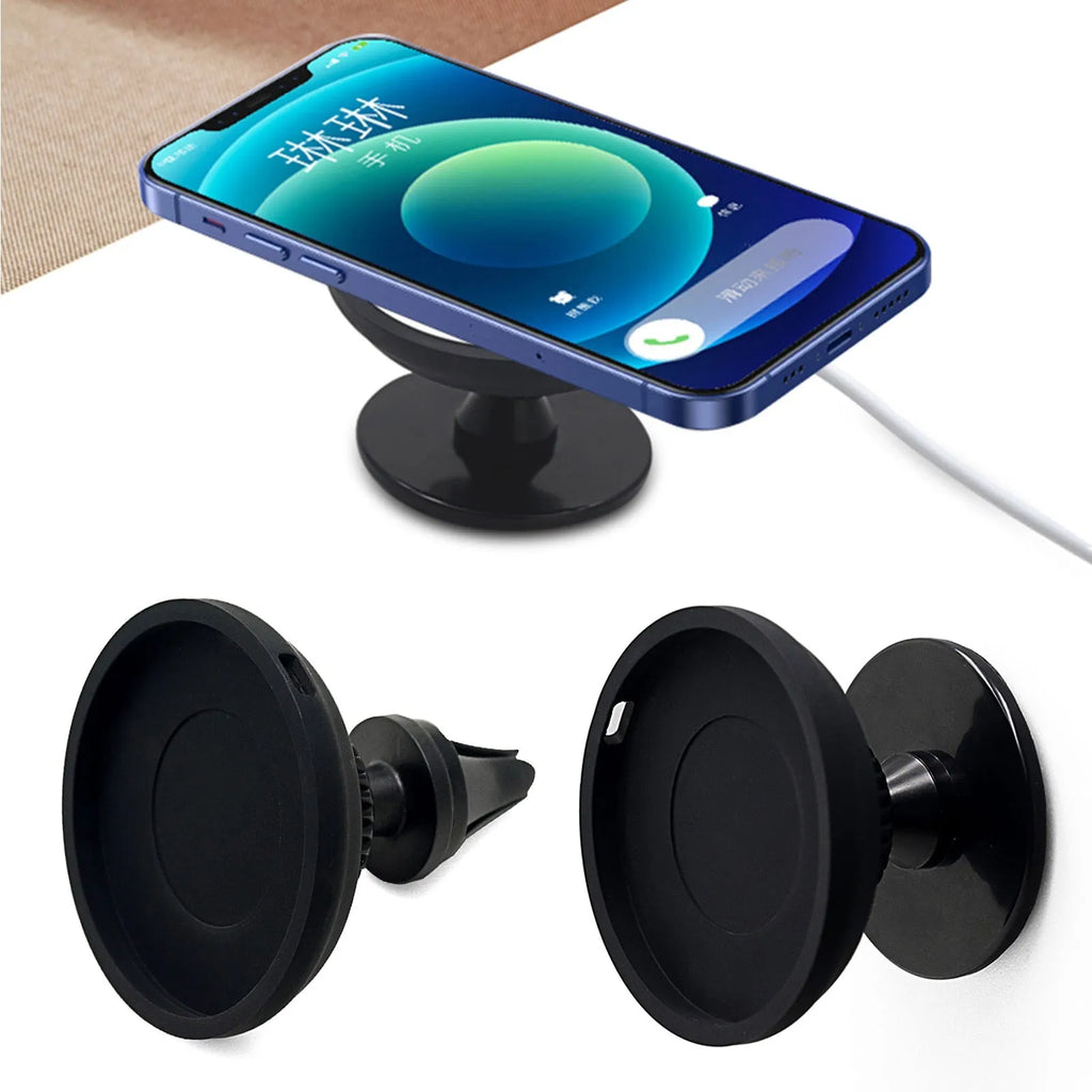 Black plastic magnetic car phone holder shown as an air vent mount and a dashboard base mount.