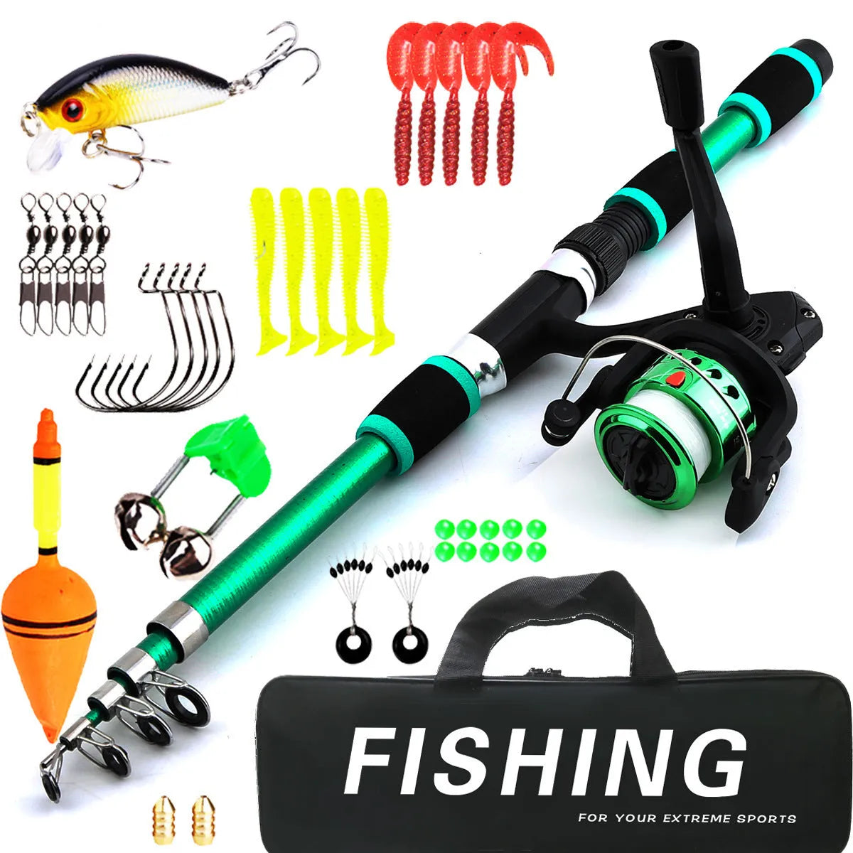 Children's fishing rod set with pole and wheel in blue, green, red or yellow colours with accessory box