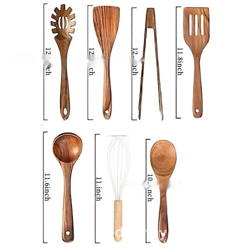Seven-piece wooden spoon and spatula kitchen utensil set on kitchen counter