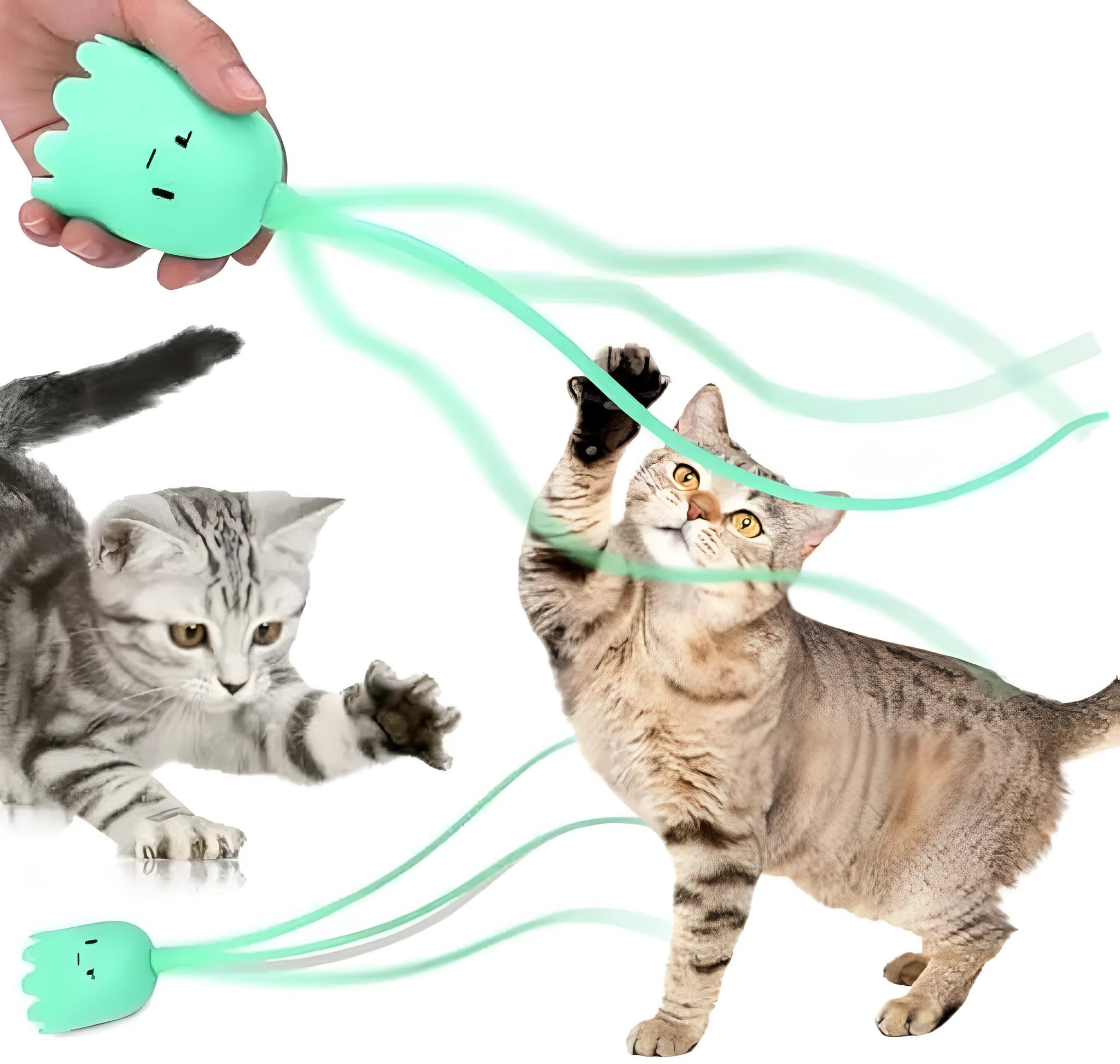 Green automatic cat wand toy with silicone tails swinging, placed on wooden floor
