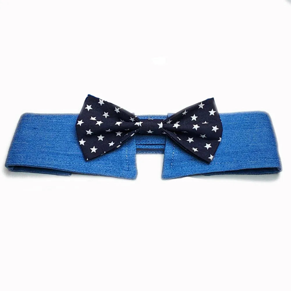 Adjustable denim dog collar with star-pattern bow tie attachment for formal occasions