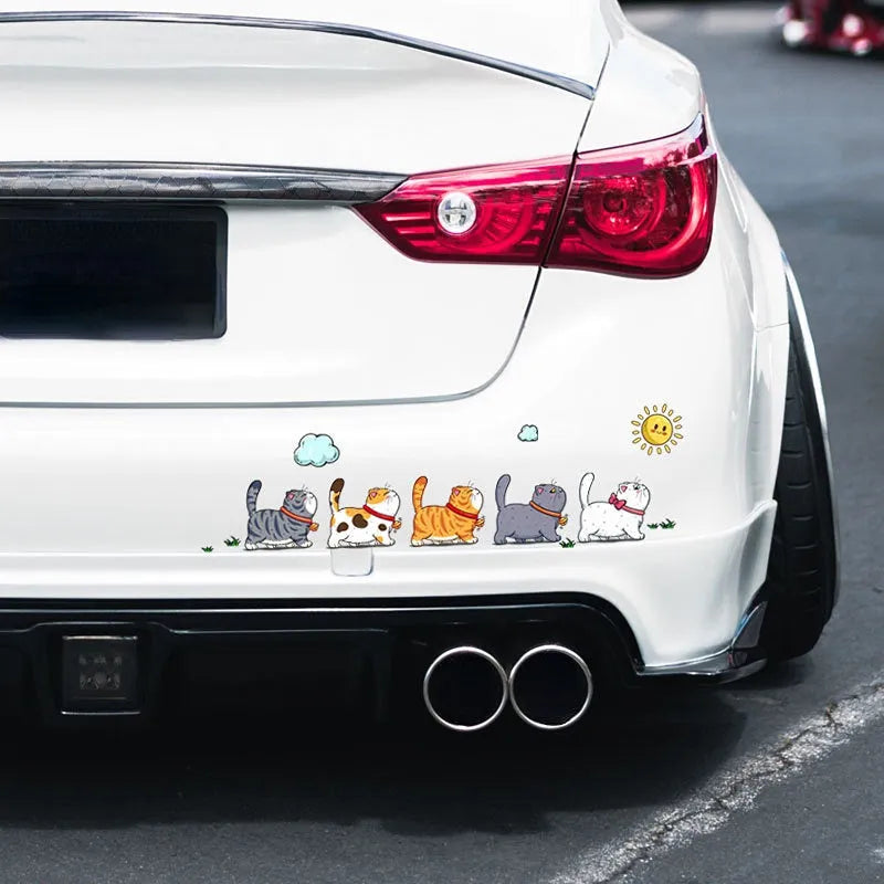 Waterproof PVC car sticker showing a design of five walking cats, available in multiple sizes.