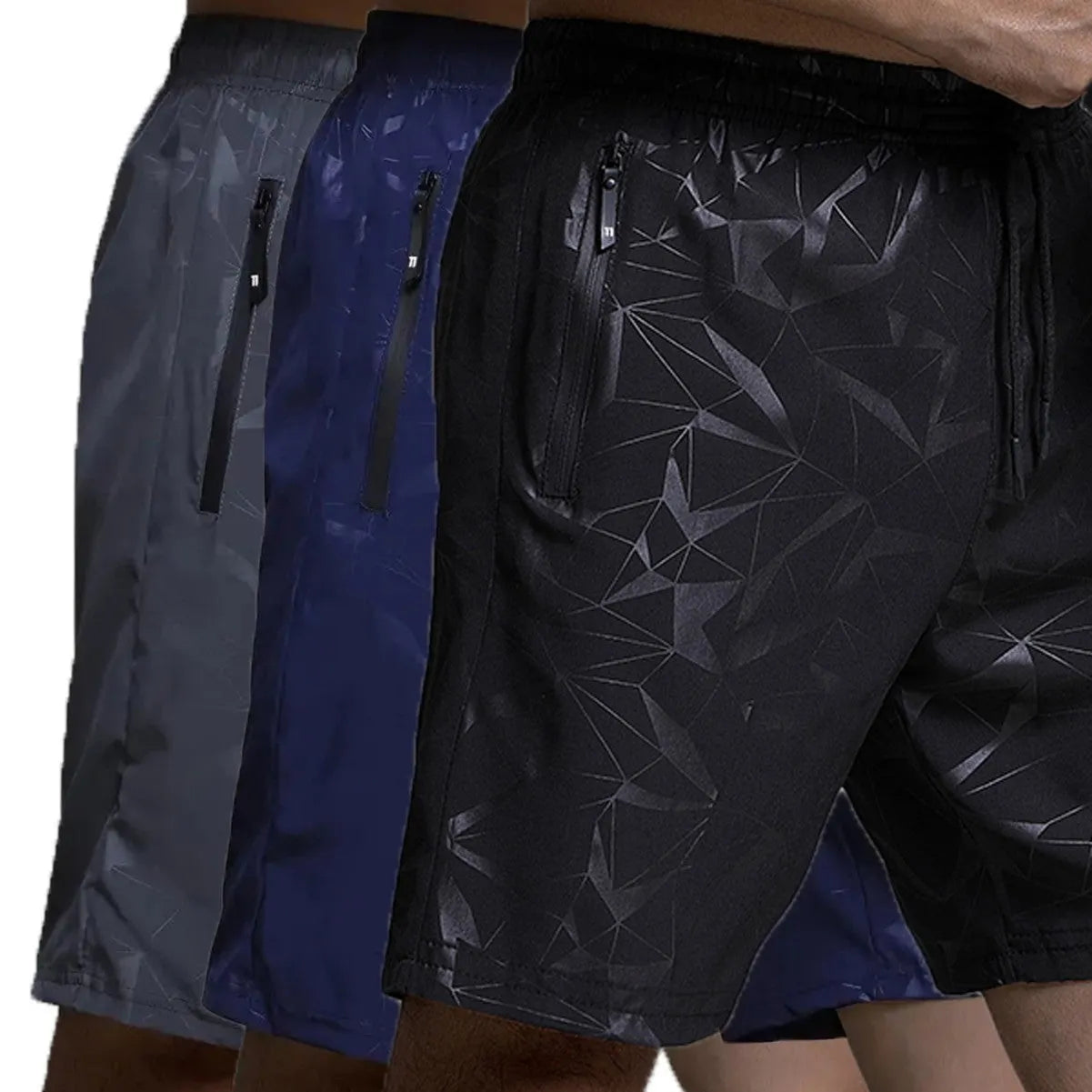 Men's loose fit polyester sports shorts with elastic waistband in black, grey, and blue colours