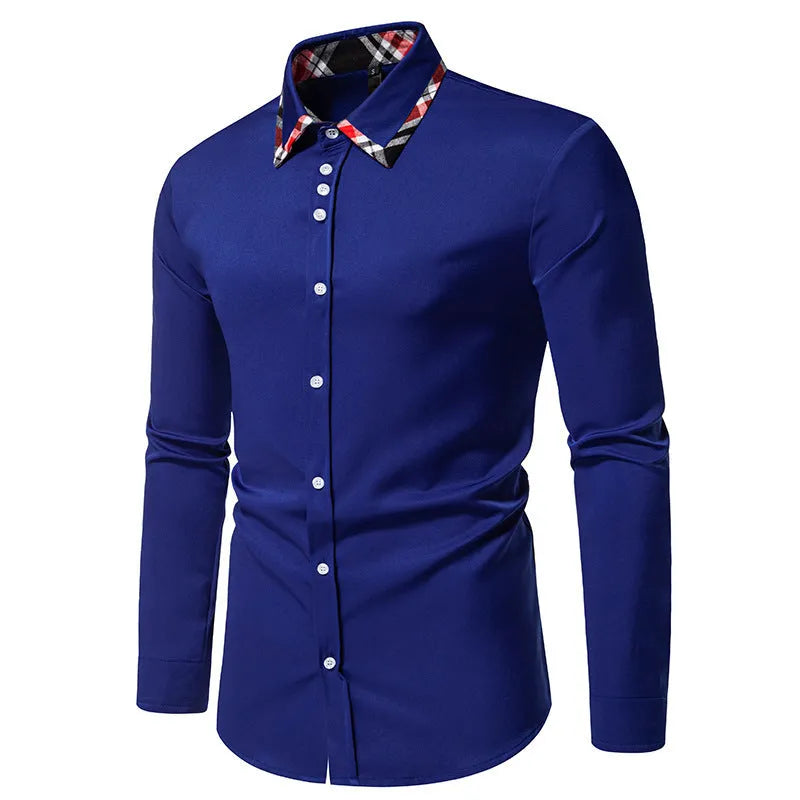 Men's plaid long sleeve shirt with contrast colour triangle collar in polyester blend fabric