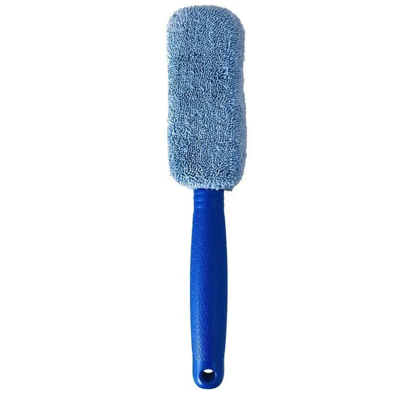 Blue microfiber car tyre brush with extended handle for cleaning wheels and rims
