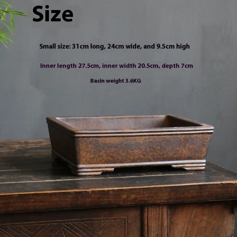 Purple sand rectangular bonsai pot with firewood burning five-line pattern decoration