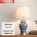Blue and white porcelain Chinese style table lamp with ceramic base and cloth shade.