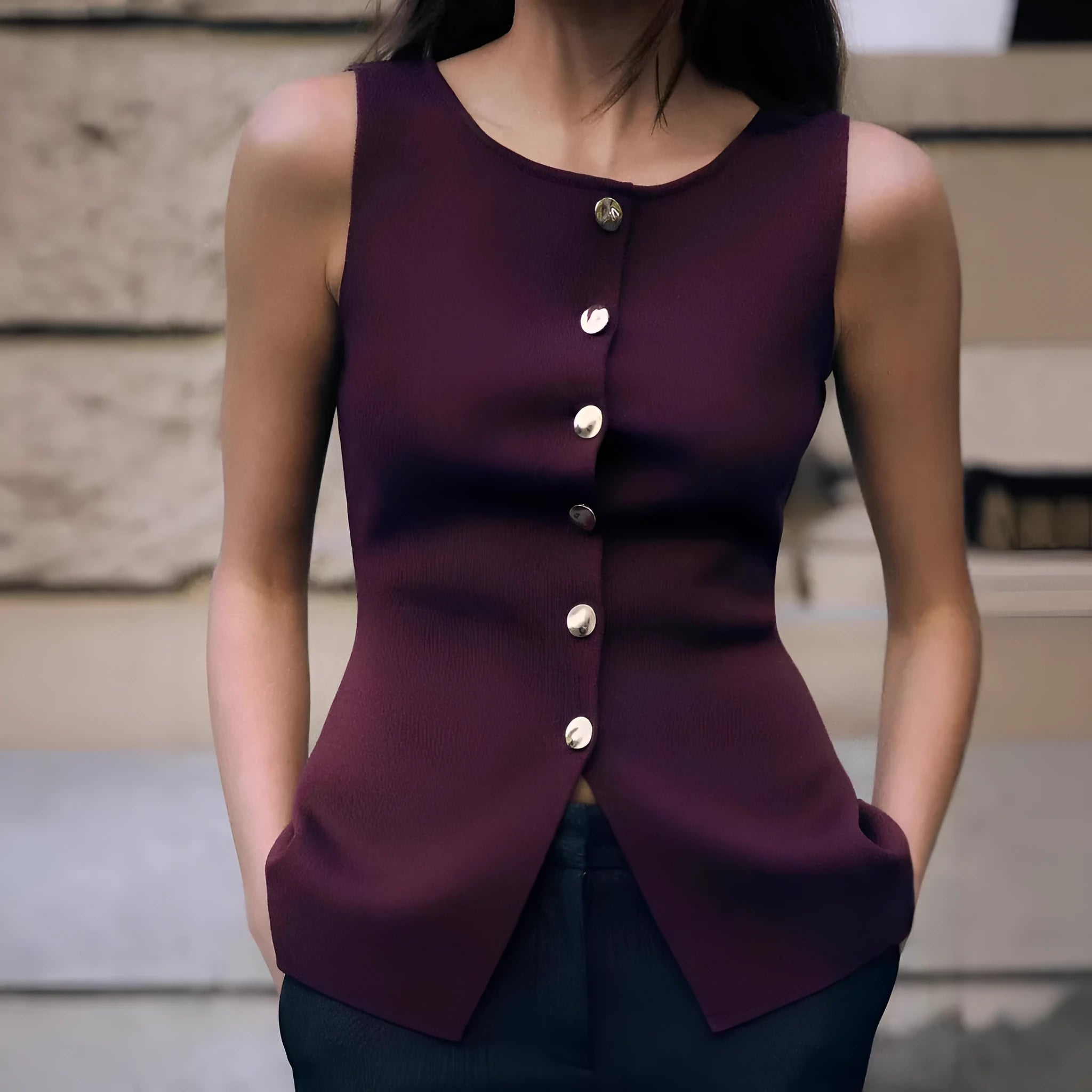 Slim-fit dark red viscose vest with gold buttons and a 3D textured pattern.
