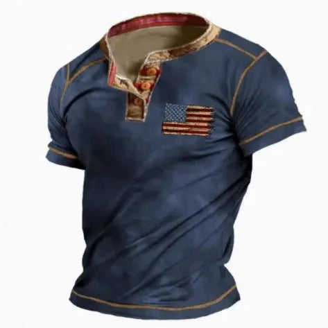 Men's grey short sleeve t-shirt with a raised 3D printed design on the lapel button.