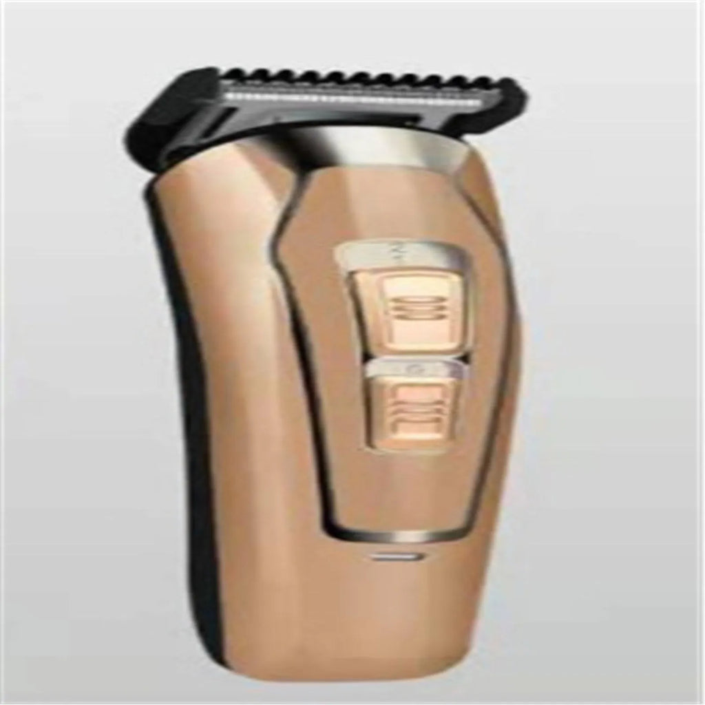 Dark blue rechargeable electric hair clipper with stainless steel blades on a plain background.