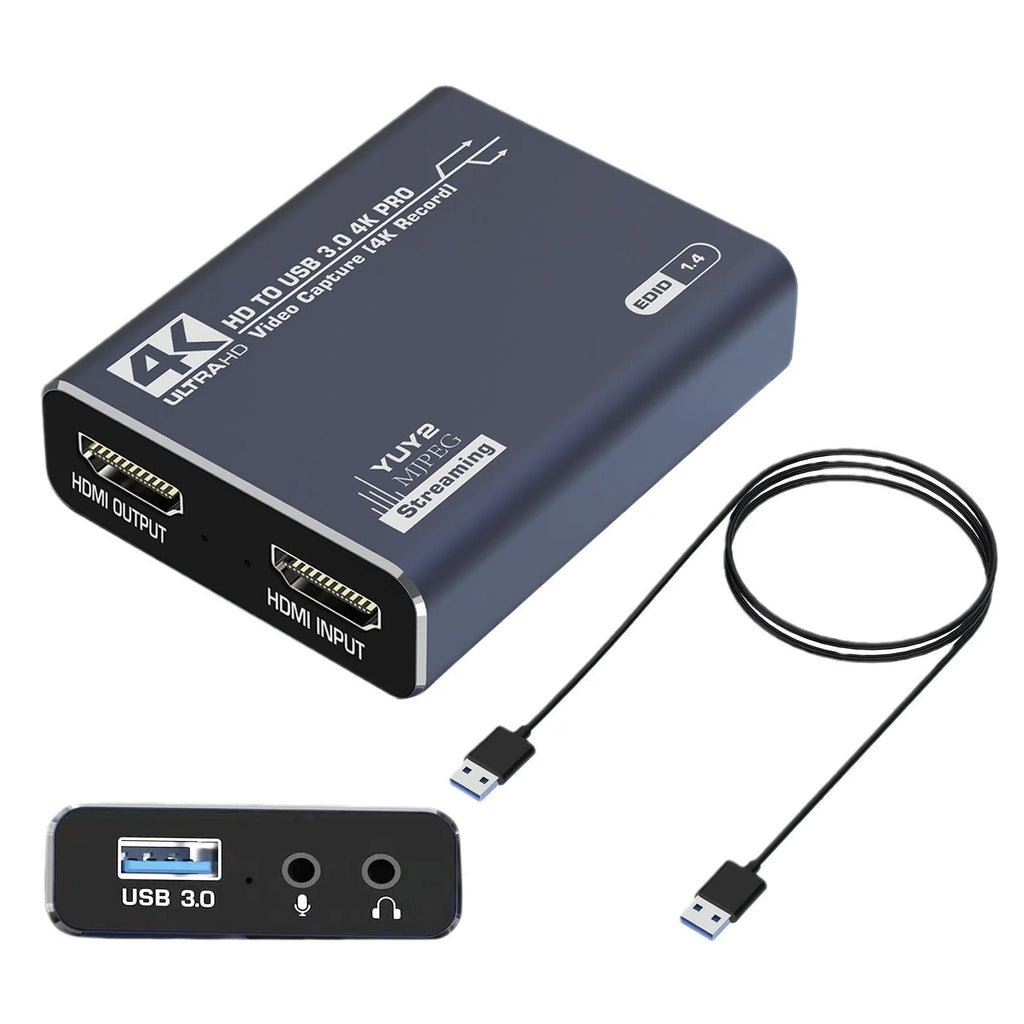 Black 4K gaming set-top box for recording audio and video from games consoles and computers.