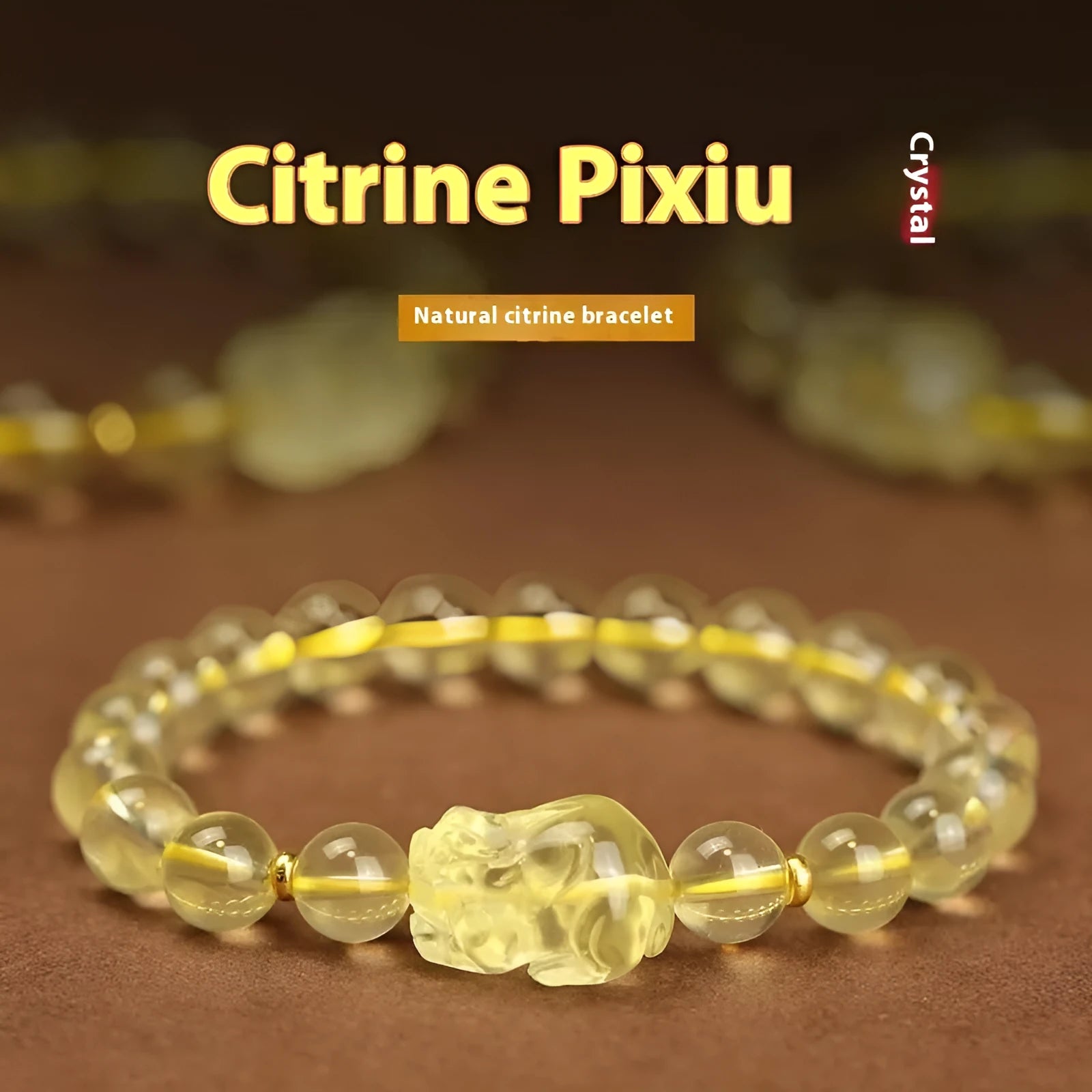 Yellow leather bracelet with a clear artificial crystal Pi Xiu charm in Chinese national style.