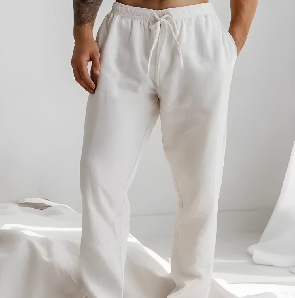 Men's light blue cotton-linen summer trousers with elastic waistband and straight leg design