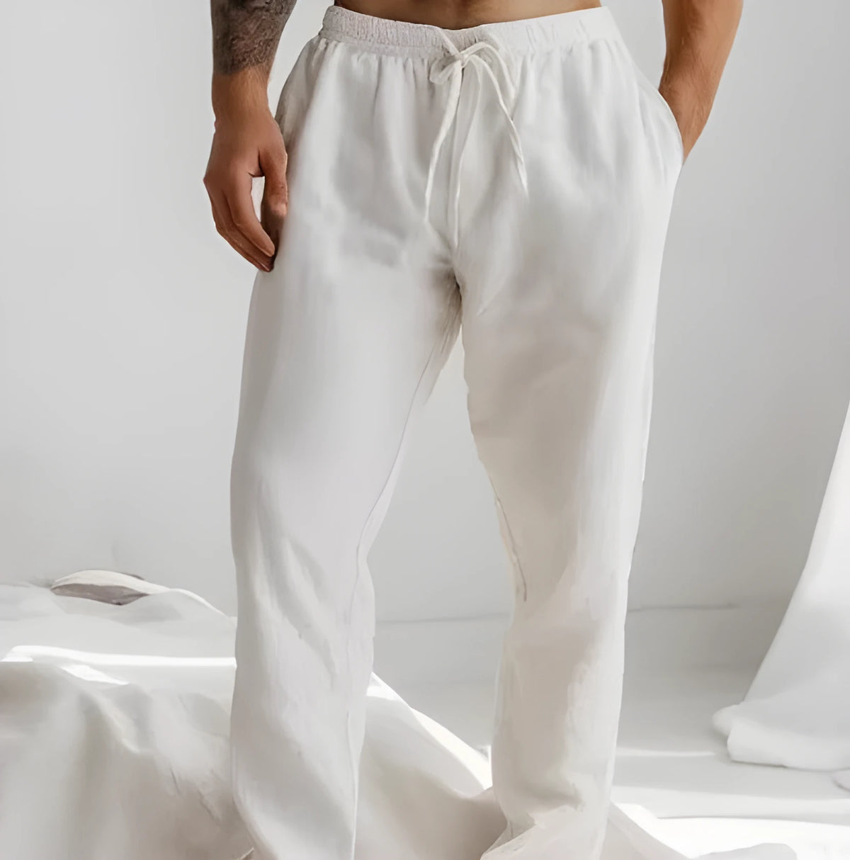 Men's light blue cotton-linen summer trousers with elastic waistband and straight leg design
