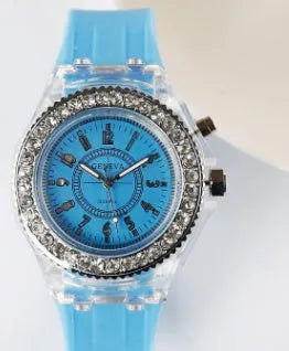Women's LED luminous watch with 43mm round dial and silicone bracelet in multiple colours