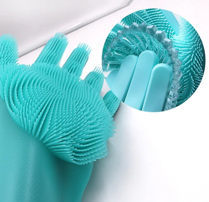 Blue silicone cleaning gloves with textured scrubbing surface on palms for washing dishes