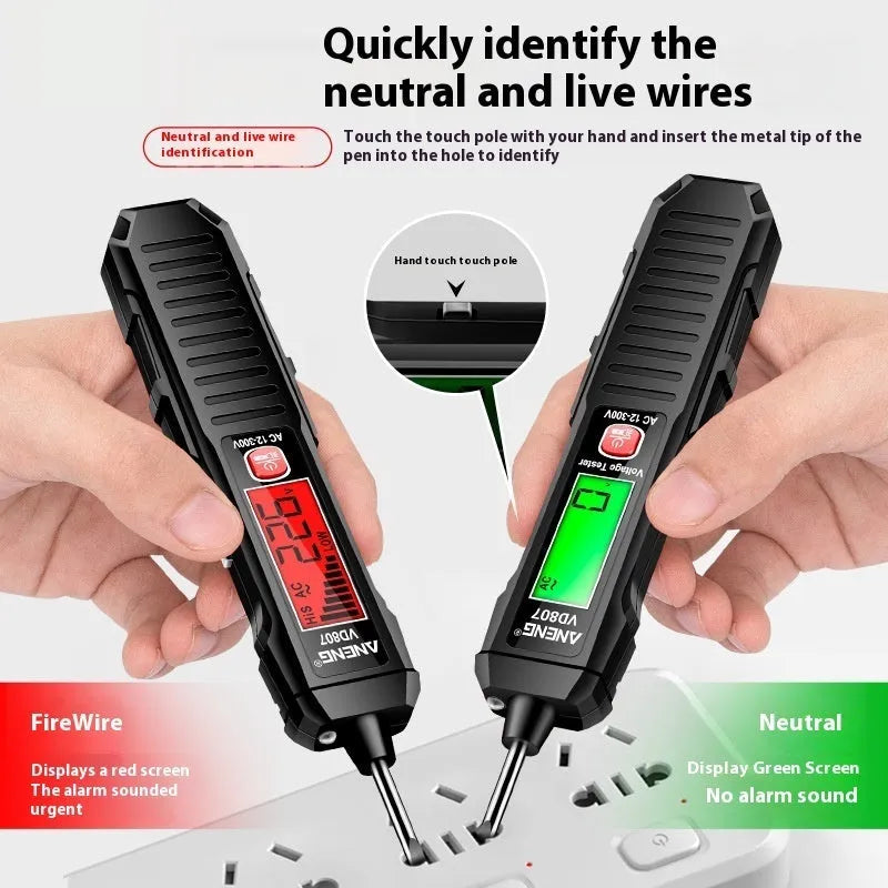 Black digital voltage detector pen with LCD display showing voltage reading