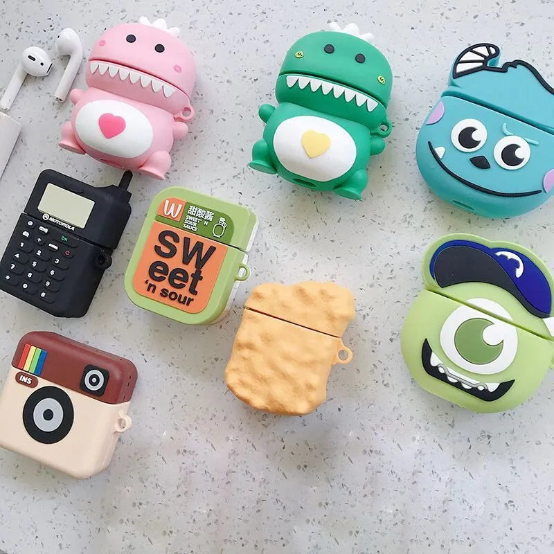 Silicone protective case with cartoon animal design compatible with Apple AirPods 1 and 2 in various colours