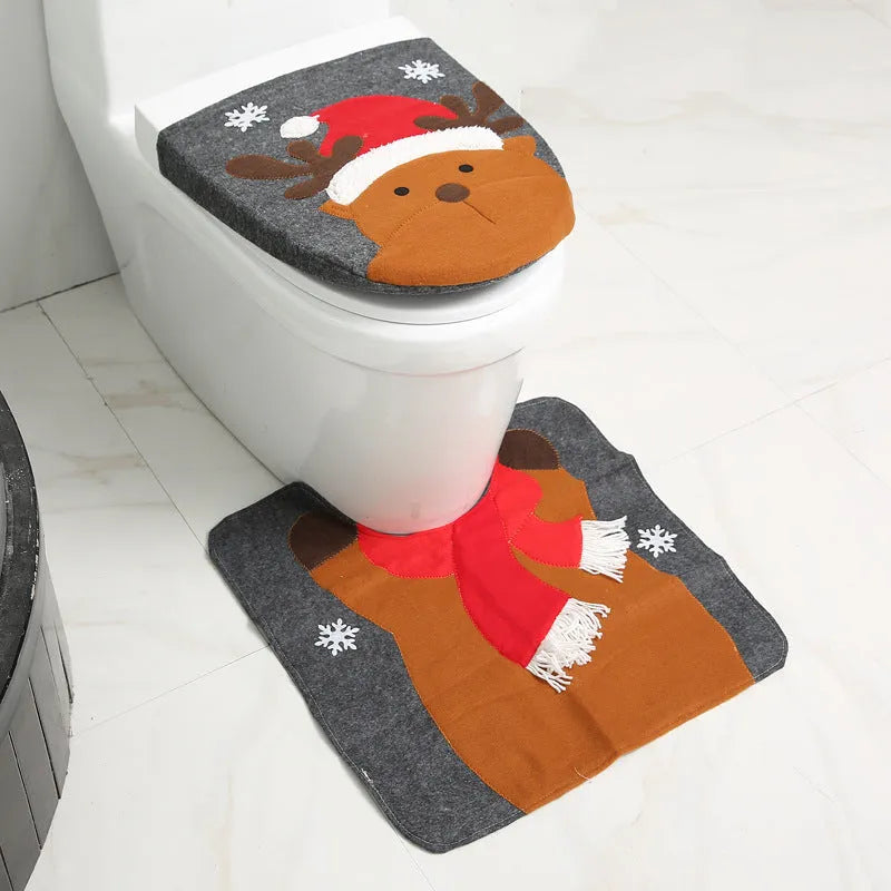 Christmas bathroom decoration set with flannel toilet cover, floor mat, and shower curtain in Santa design