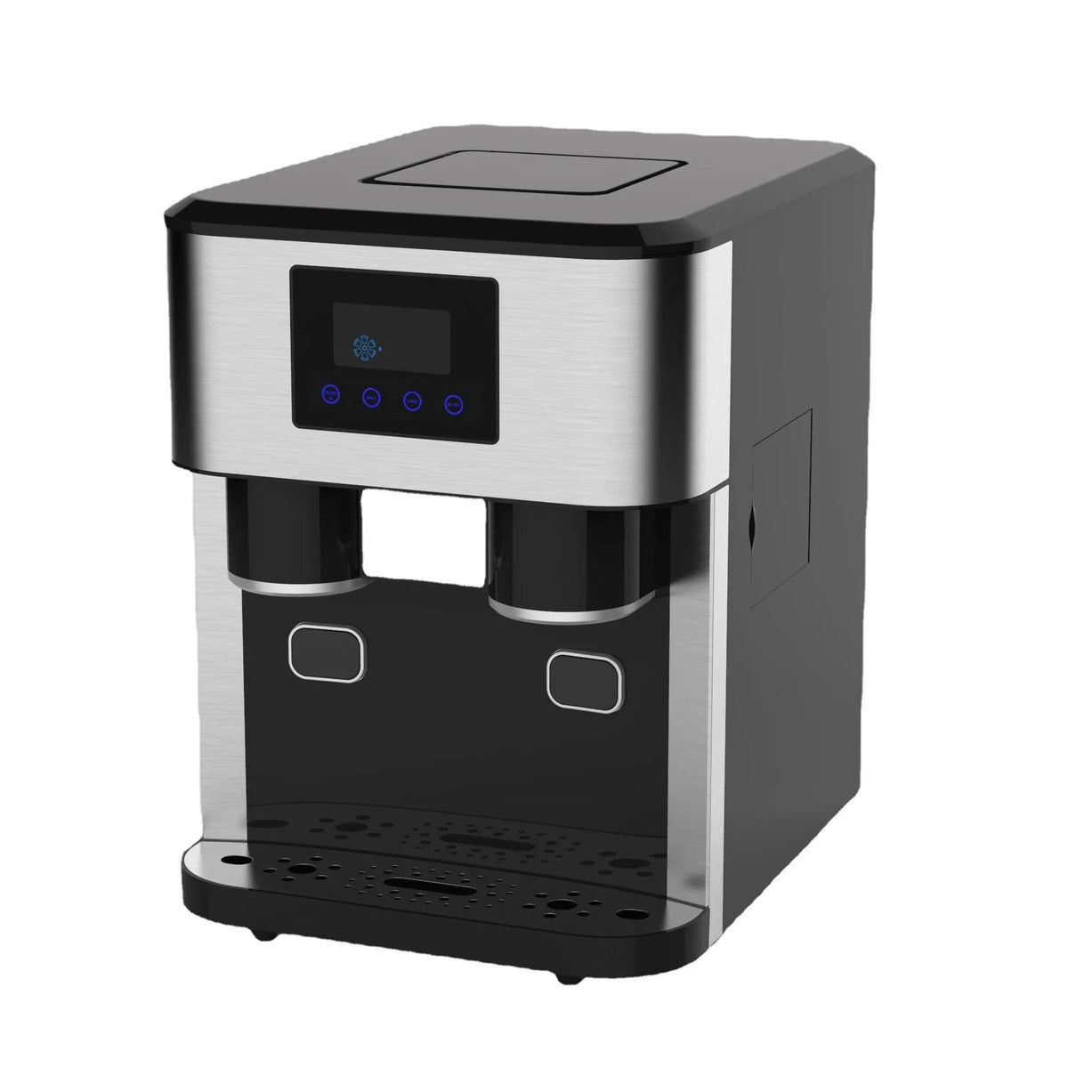 Black desktop ice making machine with stainless steel tank for ice crushing and cold water