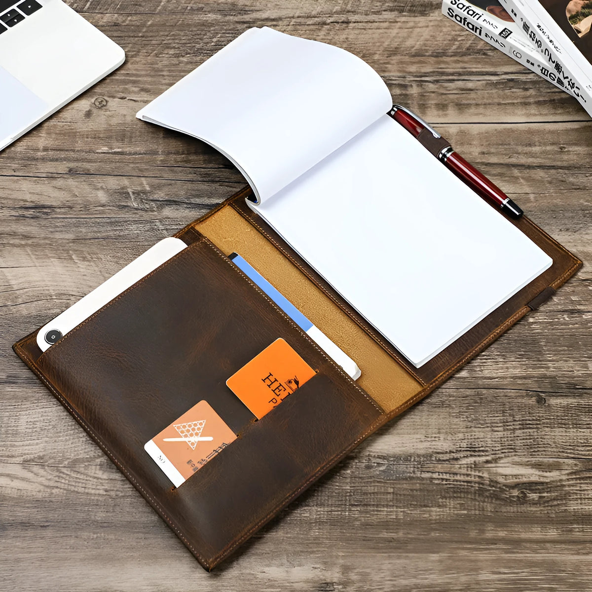 Brown Crazy Horse leather A5 notebook protective sleeve with socket fastening