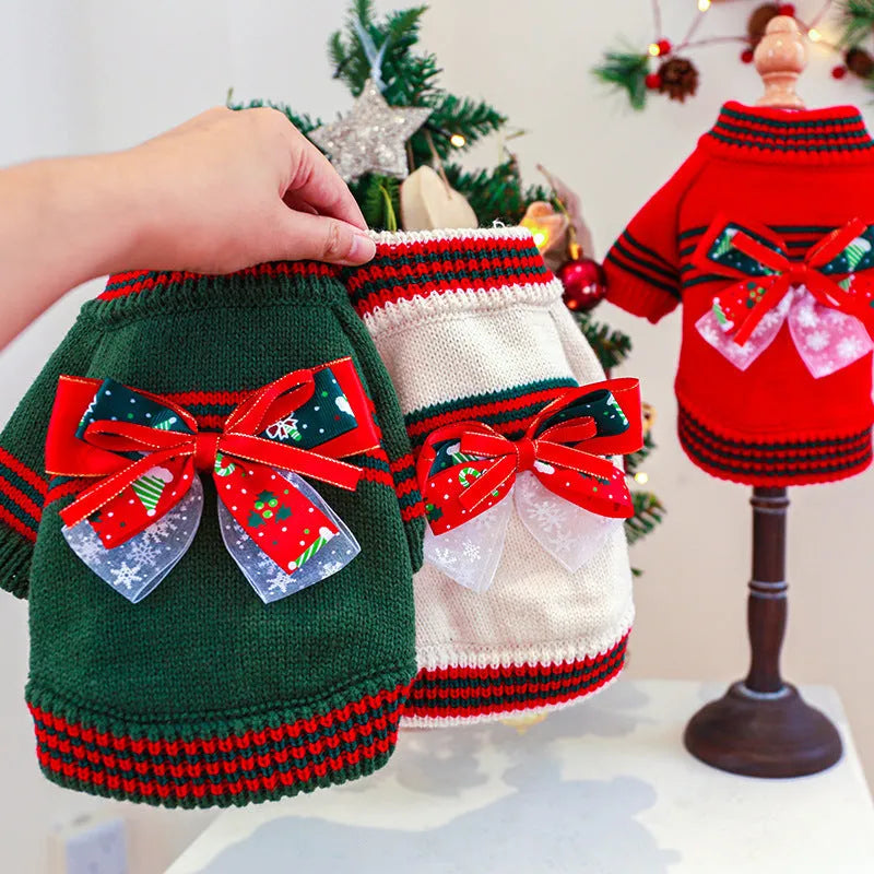 Red or green festive Christmas sweater for a dog on a white background.