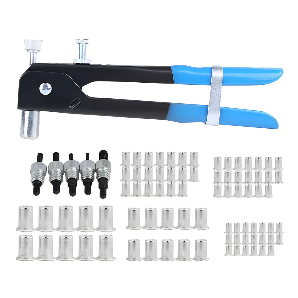 Alloy steel manual riveter nut tool with colour-coded mandrels and nuts from the 86PC or 106PC set.