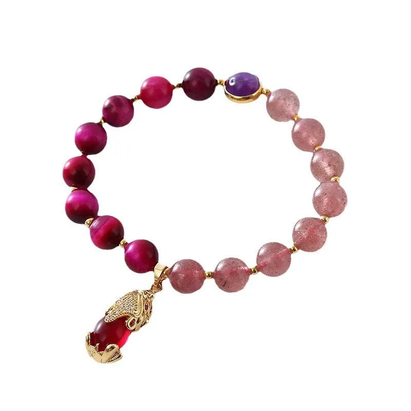 Women's strawberry crystal bracelet with elastic rope showing uniform 18cm size and simple design