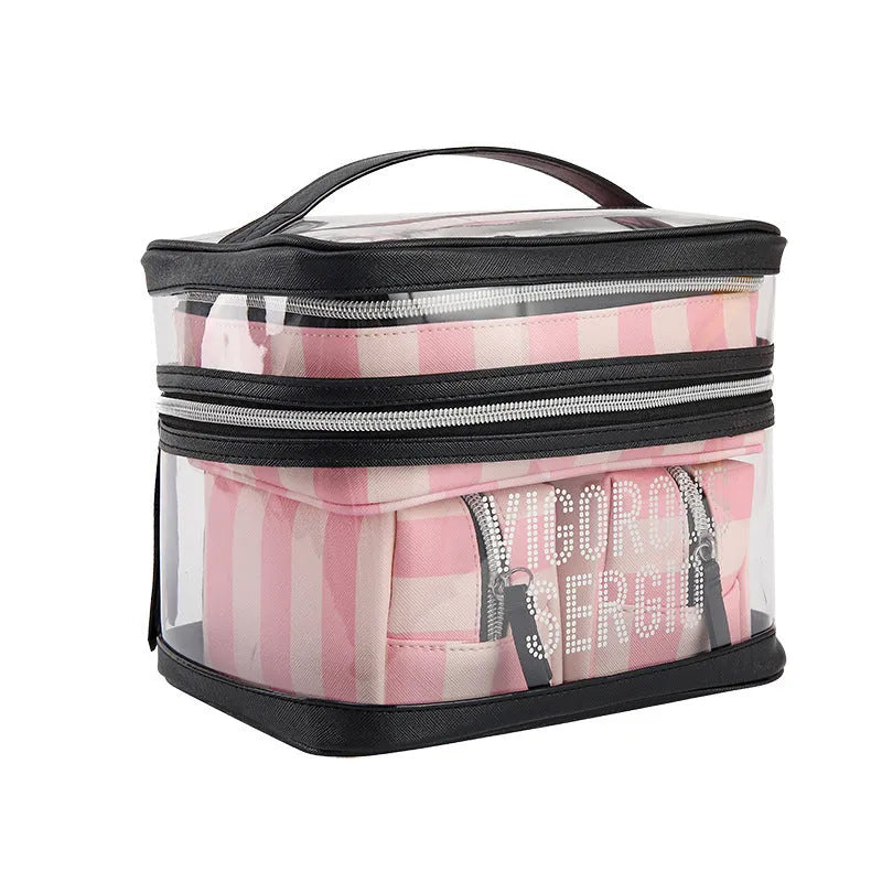 Pink bold stripes makeup bag with flower pattern, synthetic leather with waterproof lining, folding design