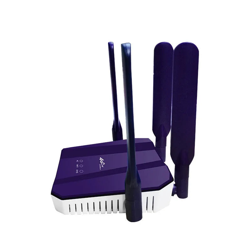 Blue dual-mode 4G and wired router with four external antennas, showing front panel and compact size.